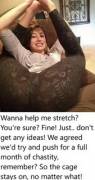 Chastity Fantasy: Caption 70. I'd help her stretch.