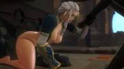 Jaina riding a canine while jerking and kissing horse cock