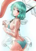 Kogasa wearing a Swimsuit and a transparent Rain Coat