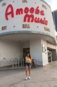 Lizbette Huerta flashing in Hollywood record store &amp; restaurant
