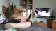 Schoolgirl fucks pussy &amp; watch porn