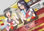 Masturbating in a restaurant right to next her friend