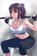 Sarah Kazuno doing squats. [Love Live!: Sunshine!!]