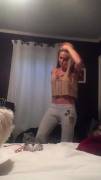 43yo Stacy Sanches goofing in her bedroom with casual top clearly showing her perfect hard boobies and her slim body GIF