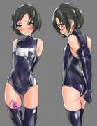 swim team mascot: shiny vinyl school girl swimsuit, matching armbinder, and waterproof egg vibrator inside of her
