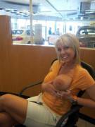 Boob out at Infiniti dealership