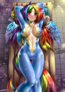 I've never seen a humanized Rainbowdash that looked so... girly before... I think I like it. (artist:Peprepme)