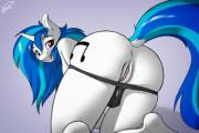 Vinyl Scratch pulling her panties down [anthro] (artist:skipsy)