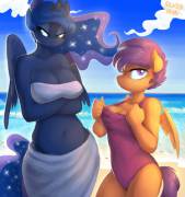 Princess Luna x Scootaloo at the beach [older anthro] (artist:glacierclear artist:ponideathmarch)