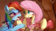 Rainbow Dash x Fluttershy x Orthros pet play (artist:hua113)