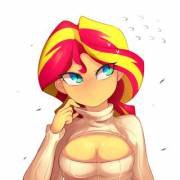 Sunset Shimmer wearing a toasty open-chest sweater(artist maren)