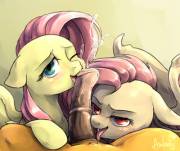 Fluttershy x Flutterbat pleasing Applejack [futa] (artist:audrarius)