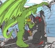 Two Dragons tear through traffic ( Flat Colored )