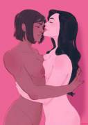 Asami and Korra sharing a hug (titsandcass)