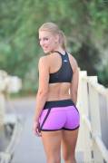 Blonde in purple shorts