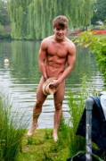 Down by the lake you only need yer hat! Trust me! Now pose for me boy...