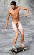 On a skateboard