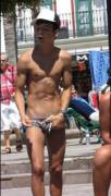 Nearly naked public twink