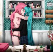 Luka: Don't go, Miku. Come back to bed.