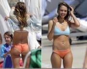 Jessica Alba in peach on the beach