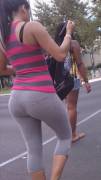 Gray yoga pants and a black thong