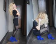 Black tights, blue wedges