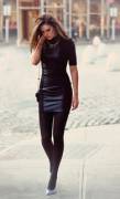 Leather dress and patterned tights