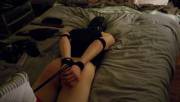 My sub: partner, plugged, bound, hooded, collared, paddled, and spanked...perfect.