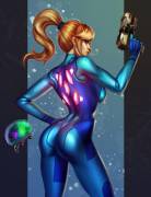 Samus Aran pinup by Evulchibi