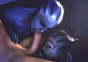 Liara sucking cock while Samara licks the balls