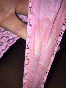 My strong scented creamy pink lace thong worn three days and NOW currently starting on my fourth day Full album of me in them in comments !