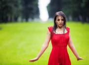 Red dress in the rain