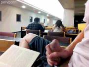 Student with an uncut cock busting a ballsy load in the library [GIF]