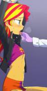 Twilight Sparkle teasing a handcuffed Sunset Shimmer [equestria_girls] (artist:baekgup)