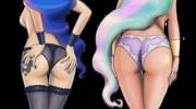 Princess Luna and Princess Celestia comparing butts (artist:king-kakapo)