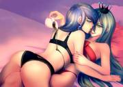 Princess Luna x Queen Chrysalis wearing lingerie for Valentine's Day (artist:bakki)