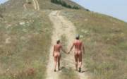 Nudist Couple, Hand-n-Hand, In Nature = No Stress