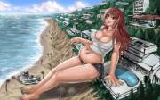 Giantess on beach.