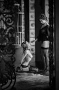 On her knees