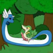 I drew Snivy [F] riding a Dragonair [M]