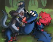 Druddigon [M] getting licked by Riolu [M]