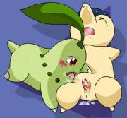 Chikorita [?] giving Cyndaquil [M] a blowjob