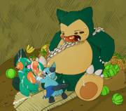 Marshtomp and Dewott [M,M] help Snorlax take a load off [M]