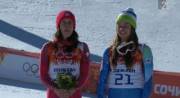 Tina Maze and Lara Gut having fun on the podium