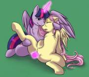 Alicorn Twilight and Fluttereshy share a tender moment [F/F] (artist: deejayhan)