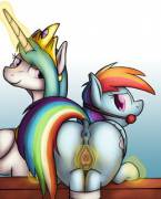 Princess Celestia asks: Who wants to cum inside Rainbow Dash? [F/F][bondage] (artist: tg-0)