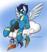 Soarin's Stalker has found herself a good spot to hang around [Rainbow Dash][M/F] (artist: MessySketch)