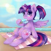 On the beach with Alicorn Twilight [solo] (artist: aurora-sparkle)