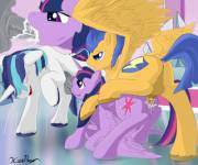Alicorn Twilight in the middle [Shining Armor][Flash Sentry][M/F][group][incest][blowjob] (artist: xanthor)
