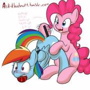 All you gotta do is take a cup of lube.. [Rainbow Dash][Pinkie Pie][F/F][bondage] (artist: kloudmutt)